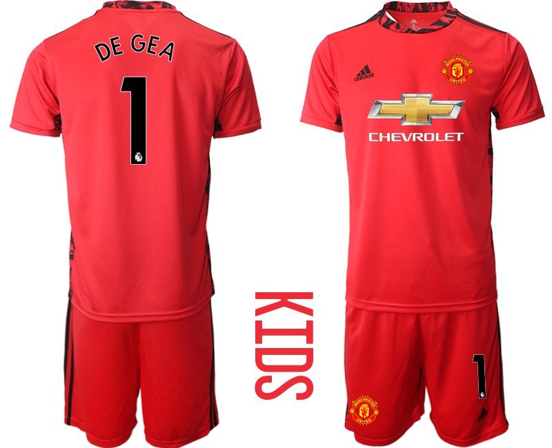 DE GEA 1 Manchester United Torwart Trikot 2020-21 rot Kurzarm + Kurze Hosen Kinder