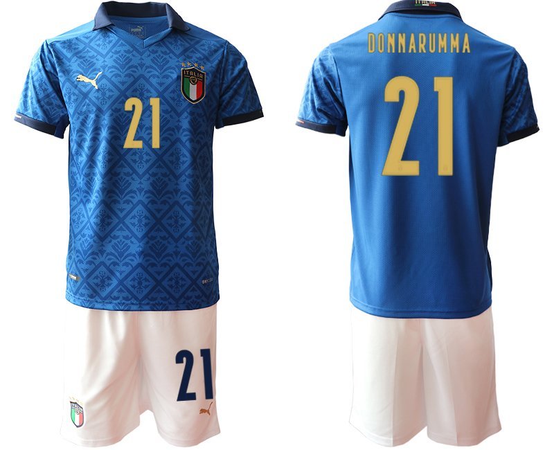 Donnarumma #21 Italien Heimtrikot EM 2020-21 Trikotsatz blau Kurzarm Herren