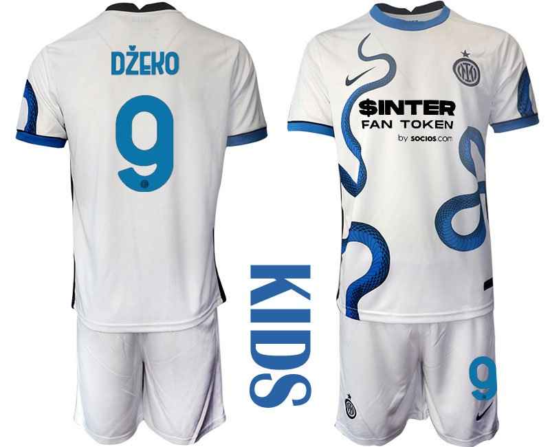 Džeko 9 Inter Mailand Auswärtstrikot 202122 Weiß Blau Trikotsatz Kinder