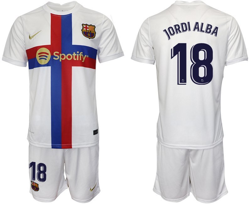 FC Barcelona 2022-23 Ausweichtrikot weiß Trikotsatz Kurzarm + Kurze Hosen mit Aufdruck JORDI ALBA 18