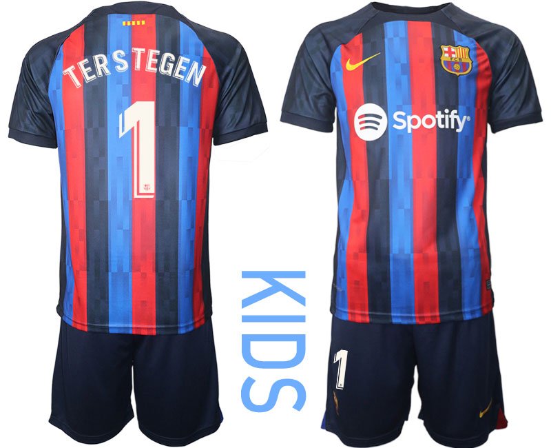 FC Barcelona 2022-23 Kinder Heim Trikot schwarz blau rot Trikotsatz Kurzarm Ter Stegen 1