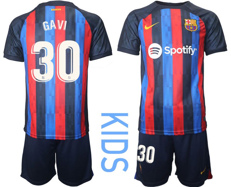 Gavi 30 FC Barcelona 2022-2023 Heimtrikot schwarz blau rot Trikotsatz Kurzarm Kinder