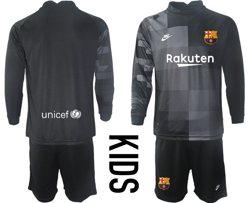 Günstige Kinder FC Barcelona Torwarttrikot Langarm schwarz Fußballtrikot Kaufen