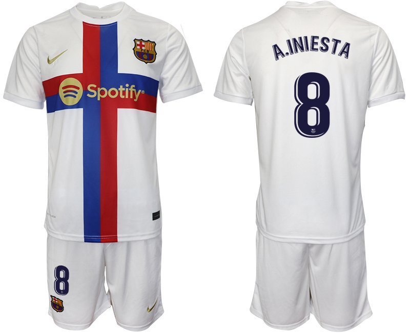 Herren FC Barcelona 2022-23 Drittes Trikot weiß Trikotsatz Kurzarm + Kurze Hosen A.INIESTA #8