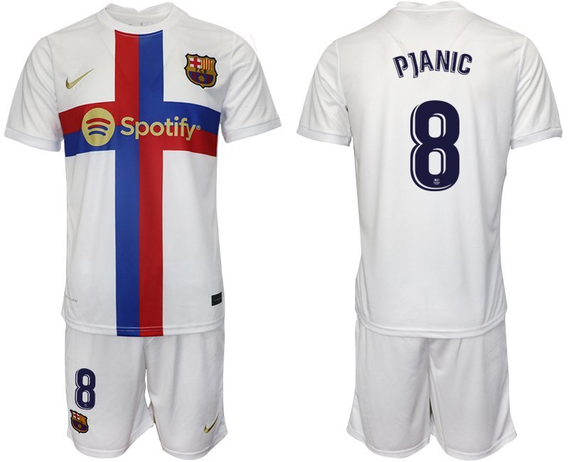 Herren FC Barcelona 2022/23 Drittes Trikot weiß Trikotsatz Kurzarm + Kurze Hosen Pjanic #8