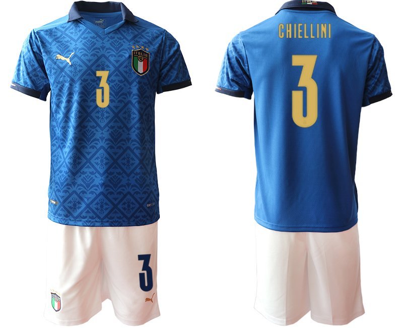 Herren Italien Heimtrikot EM 2020-2021 Trikotsatz blau Kurzarm mit Aufdruck Chiellini 3