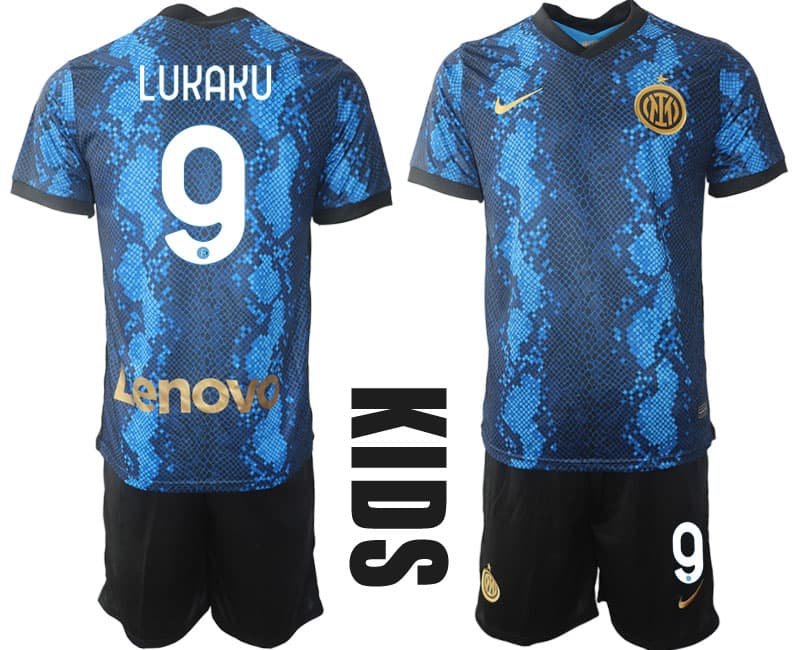 Inter Mailand Kinder Heimtrikot Saison 2021-22 blau gold Trikotsatz mit Aufdruck Lukaku 9