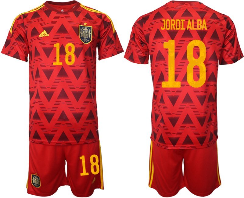 Jordi Alba #18 Spanien Heimtrikot für die WM 2022 Rot Trikotsatz Kurzarm + Kurze Hosen
