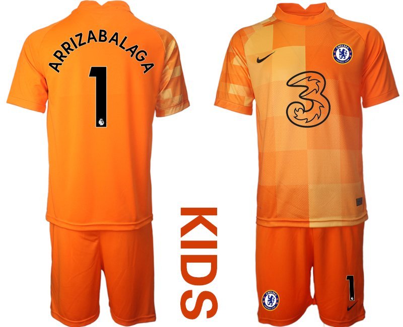 Kinder Chelsea Torwarttrikot in orange mit Aufdruck Arrizabalaga 1