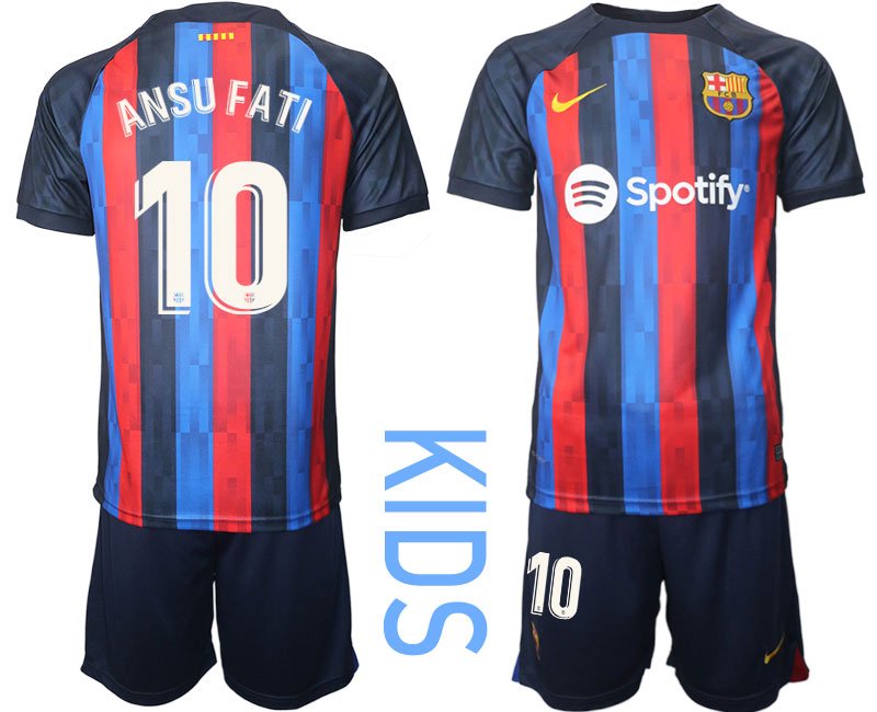 Kinder FC BARCA 2022-2023 Heimtrikot schwarz blau rot Trikotsatz Kurzarm ANSU FATI 10