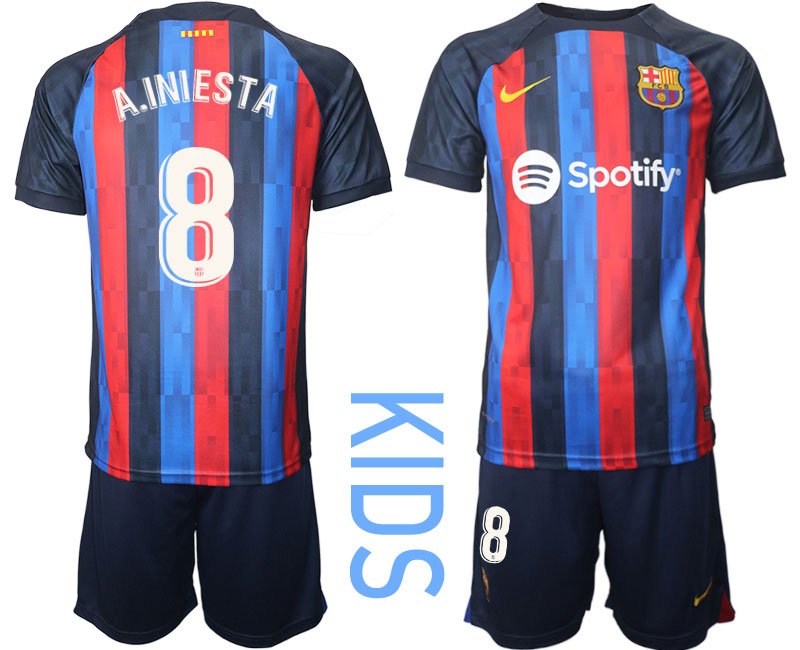 Kinder FC BARCA 2022/23 Heimtrikot schwarz blau rot Trikotsatz Kurzarm A.INIESTA #8