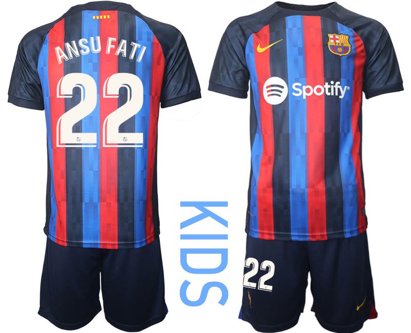 Kinder FC BARCA 2022/23 Heimtrikot schwarz blau rot Trikotsatz Kurzarm ANSU FATI 22