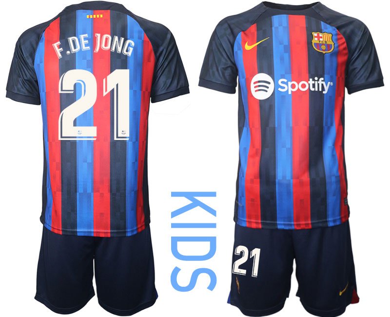 Kinder FC BARCA 2022/23 Heimtrikot schwarz blau rot Trikotsatz Kurzarm F.DE JONG 21