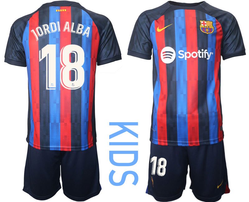 Kinder FC BARCA 2022/23 Heimtrikot schwarz blau rot Trikotsatz Kurzarm JORDI ALBA 18