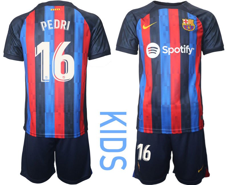 Kinder FC BARCA 2022/23 Heimtrikot schwarz blau rot Trikotsatz Kurzarm PEDRI 16