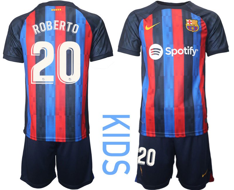 Kinder FC BARCA 2022/23 Heimtrikot schwarz blau rot Trikotsatz Kurzarm ROBERTO 20