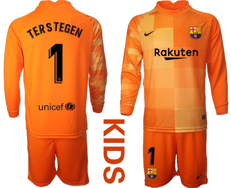 Kinder FC Barcelona 2021/22 Torwarttrikot Heim Orange Langarm Trikotsatz Ter Stegen 1