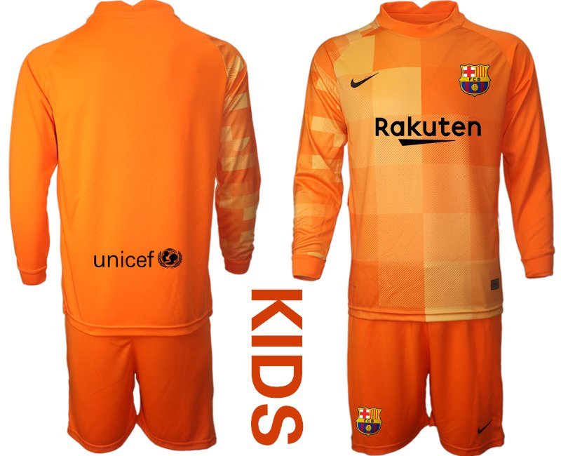 Kinder FC Barcelona 2021/22 Torwarttrikot Heim Orange Trikotsatz Barca