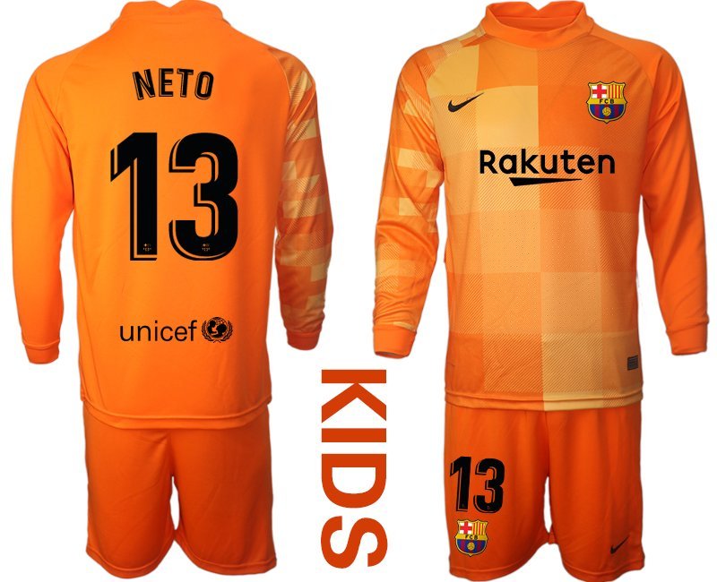Kinder FC Barcelona 2021/22 Torwarttrikot Orange Langarm Trikotsatz NETO 13