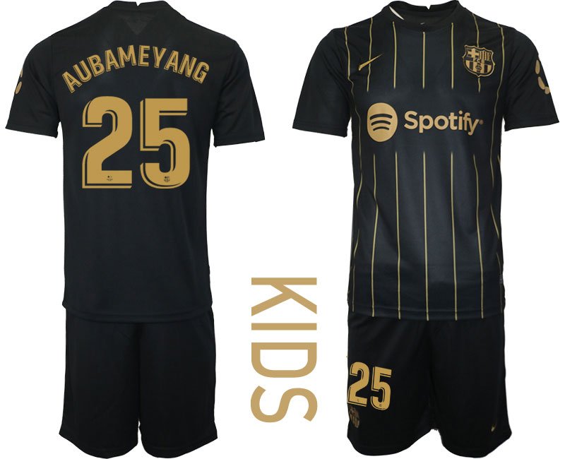 Kinder FC Barcelona 2022-2023 Trikot Set schwarz gold Fußballtrikot Aubameyang 25