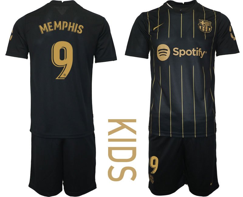 Kinder FC Barcelona 2022-2023 Trikot schwarz gold Trikotsatz Kurzarm MEMPHIS #9