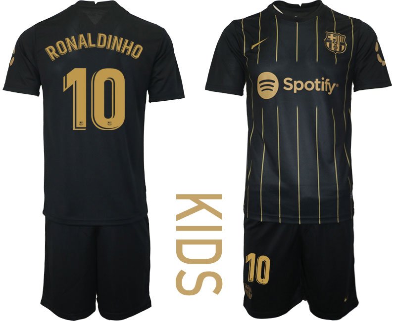 Kinder FC Barcelona 2022-2023 Trikot schwarz gold Trikotsatz Kurzarm Ronaldinho 10