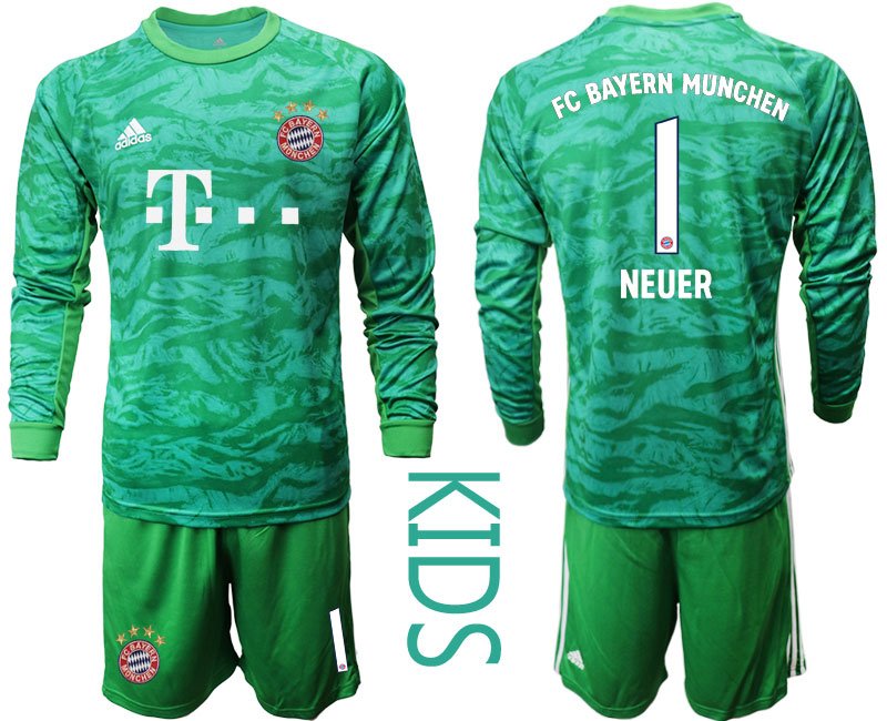 Kinder FC Bayern München Torwarttrikot 2019-20 Gruen Trikotsatz Langarm Neuer 1