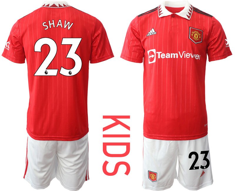 Kinder Manchester United 2022-2023 Heimtrikot mit Aufdruck SHAW 23