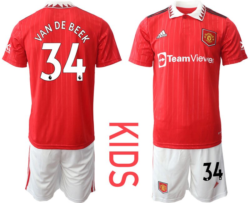 Kinder Manchester United 2022-2023 Heimtrikot mit Aufdruck VAN DE BEEK 34