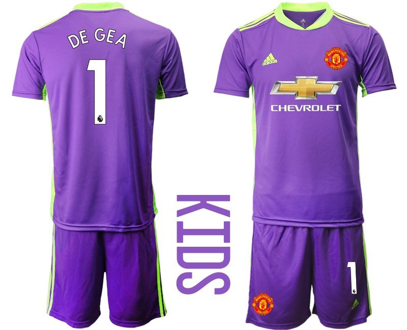 Kinder Manchester United Torwarttrikot Lila Kurzarm + Kurze Hosen mit Aufdruck DE GEA 1