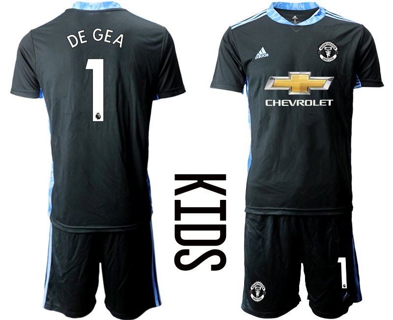 Kinder Manchester United Torwarttrikot Schwarz Kurzarm + Kurze Hosen mit Aufdruck DE GEA 1