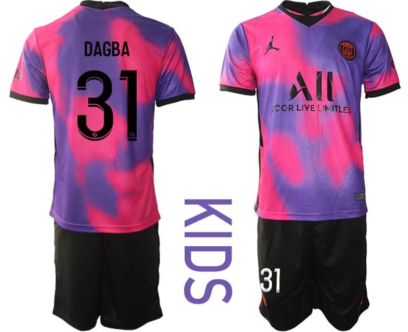 Kinder PSG 2020-21 Viertes Trikot rosa und lila 4th Paris Saint Germain Trikotsatz DAGBA 31
