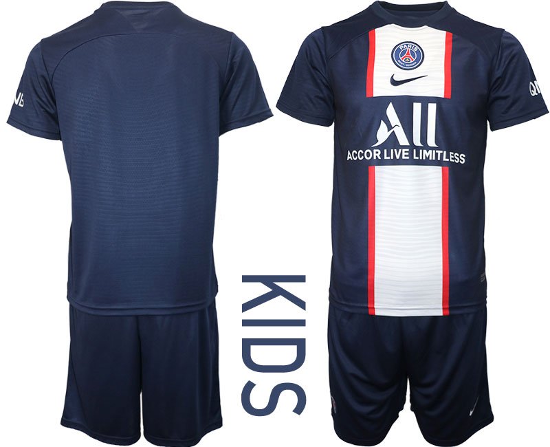 Kinder PSG 2022-23 Heimtrikot blau mit einem weißen Mittelstreifen Paris Saint Germain