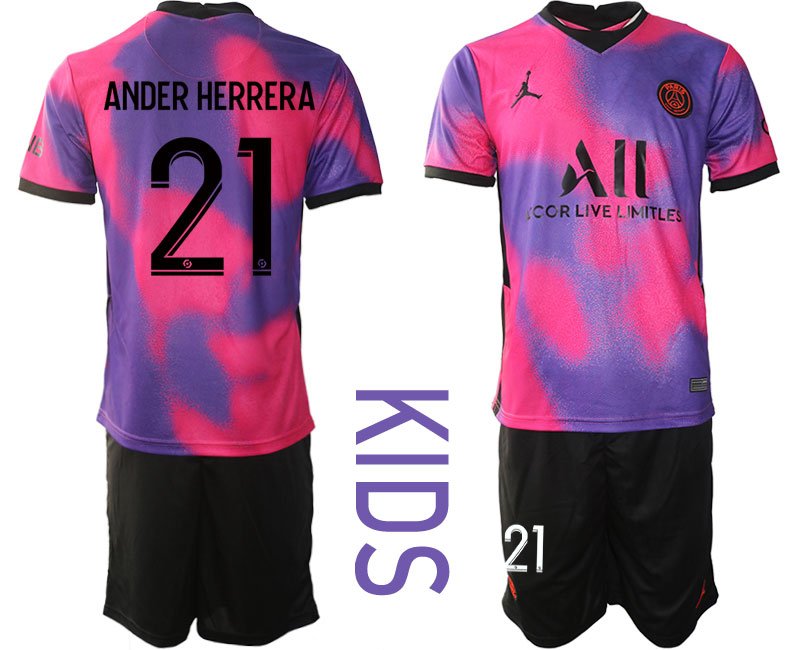 Kinder Paris Saint Germain 202021 Viertes Trikot rosa und lila Fußballtrikots Set ANDER HERRERA 21