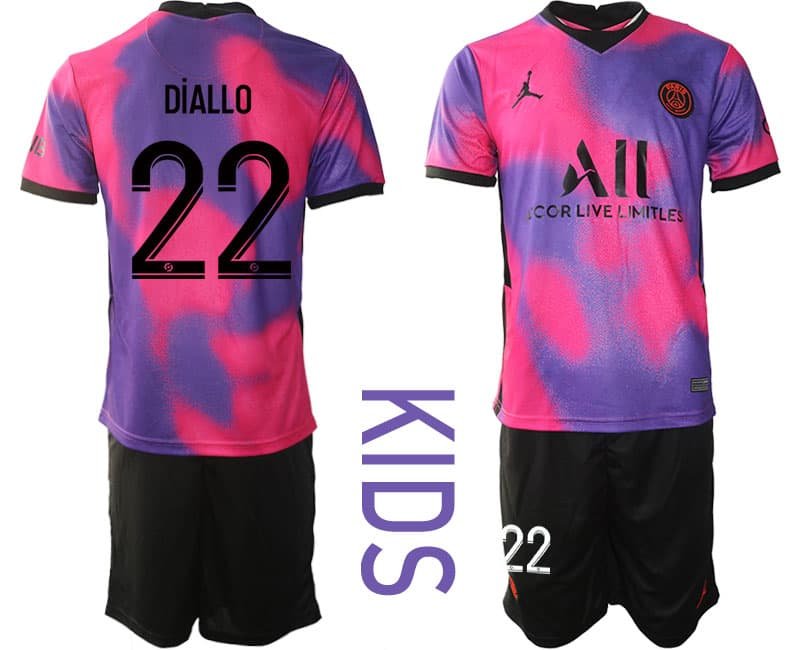 Kinder Paris Saint Germain 202021 Viertes Trikot rosa und lila Fußballtrikots Set DiALLO 22