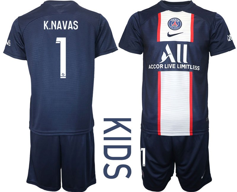 Kinder Paris Saint-Germain Heimtrikot 2022-2023 Blau PSG Fußballtrikots Set K.NAVAS #1