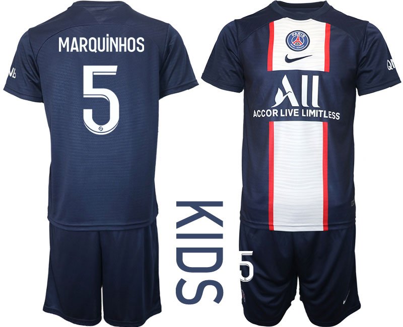 MARQUINHOS #5 Paris Saint-Germain Heimtrikot 202223 PSG Fußballtrikots Set Blau