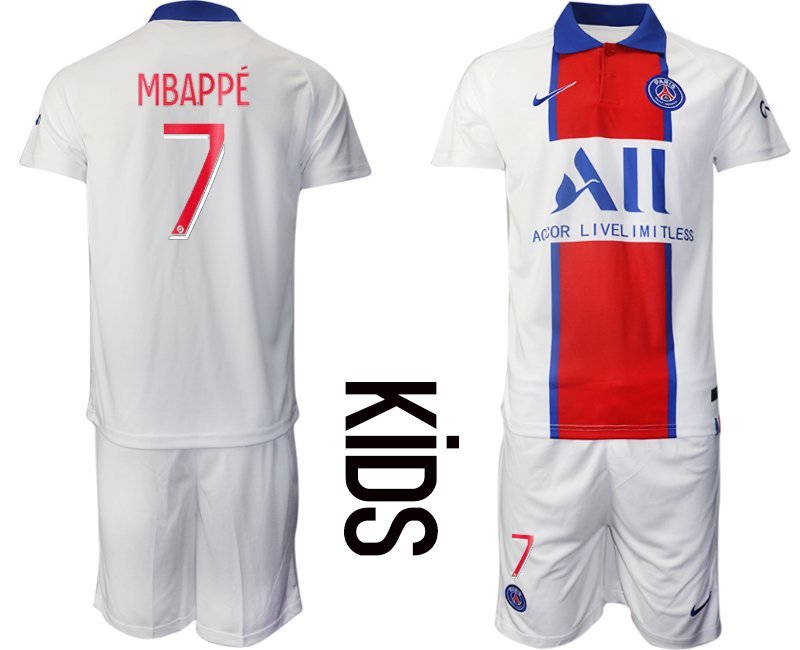 Mbappé #7 Paris Saint Germain Auswärtstrikot 2020-21 weiß rot blau Trikotsatz PSG Kinder