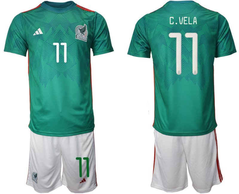 Mexiko Heimtrikot WM 2022 Trikotsatz Grün Kurzarm + weiß Kurze Hosen C.Vela 11