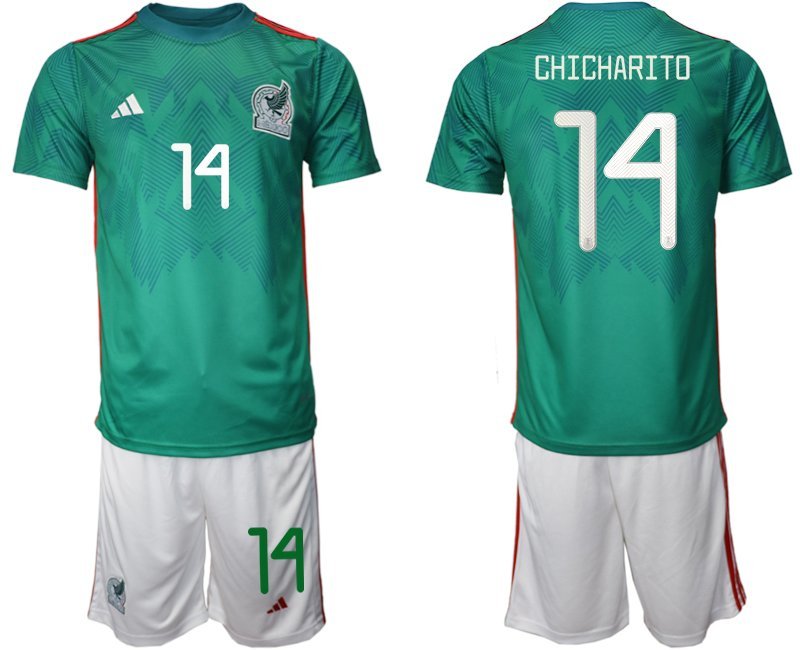 Mexiko Heimtrikot WM 2022 Trikotsatz Grün Kurzarm + weiß Kurze Hosen Chicharito 14