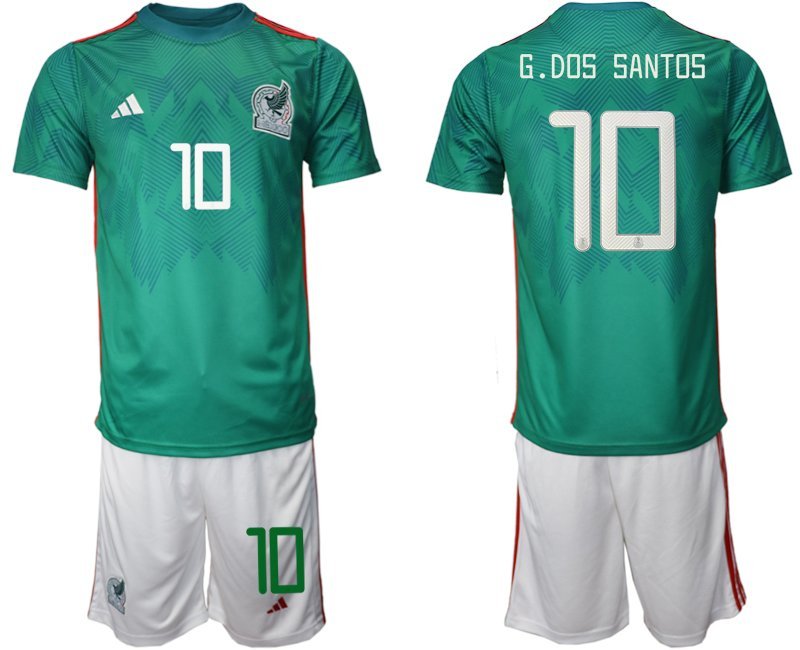 Mexiko Heimtrikot WM 2022 Trikotsatz Grün Kurzarm + weiß Kurze Hosen G.Dos Santos 10