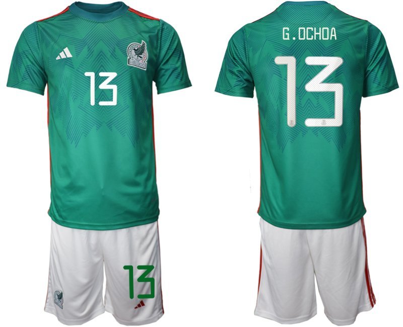 Mexiko Heimtrikot WM 2022 Trikotsatz Grün Kurzarm + weiß Kurze Hosen G.Ochoa 13