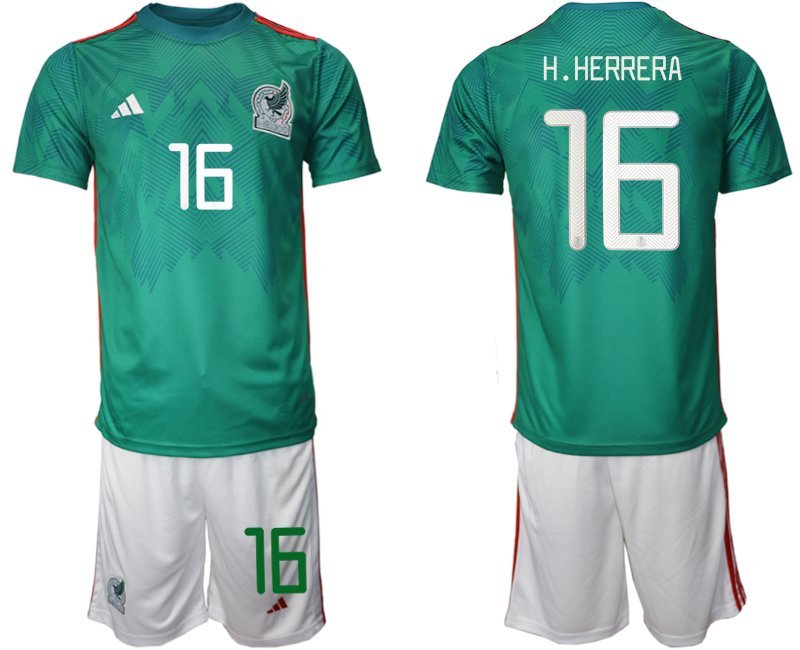 Mexiko Heimtrikot WM 2022 Trikotsatz Grün Kurzarm + weiß Kurze Hosen H.Herrera 16