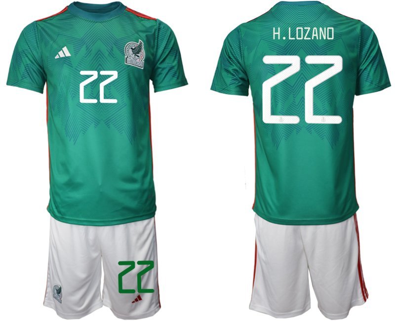 Mexiko Heimtrikot WM 2022 Trikotsatz Grün Kurzarm + weiß Kurze Hosen H.Lozano 22