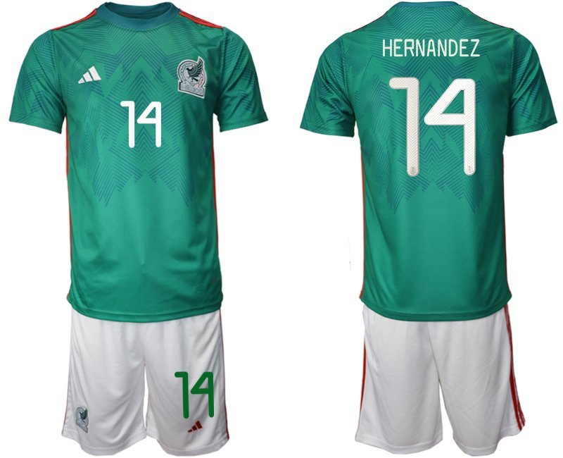 Mexiko Heimtrikot WM 2022 Trikotsatz Grün Kurzarm + weiß Kurze Hosen Hernandez 14