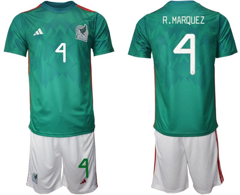 Mexiko Heimtrikot WM 2022 Trikotsatz Grün Kurzarm + weiß Kurze Hosen R.Marquez 4