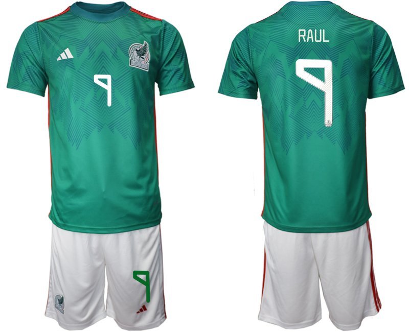 Mexiko Heimtrikot WM 2022 Trikotsatz Grün Kurzarm + weiß Kurze Hosen RAUL 9