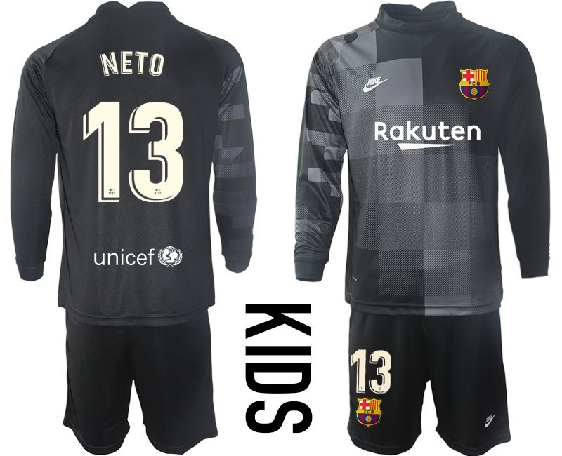 NETO 13 FC Barca Torwarttrikot schwarz Trikotsatz Langarm + Kurze Hosen Kinder