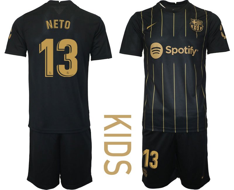 NETO 13 FC Barcelona 2022-2023 Trikot Set schwarz gold Fußballtrikot für Kinder