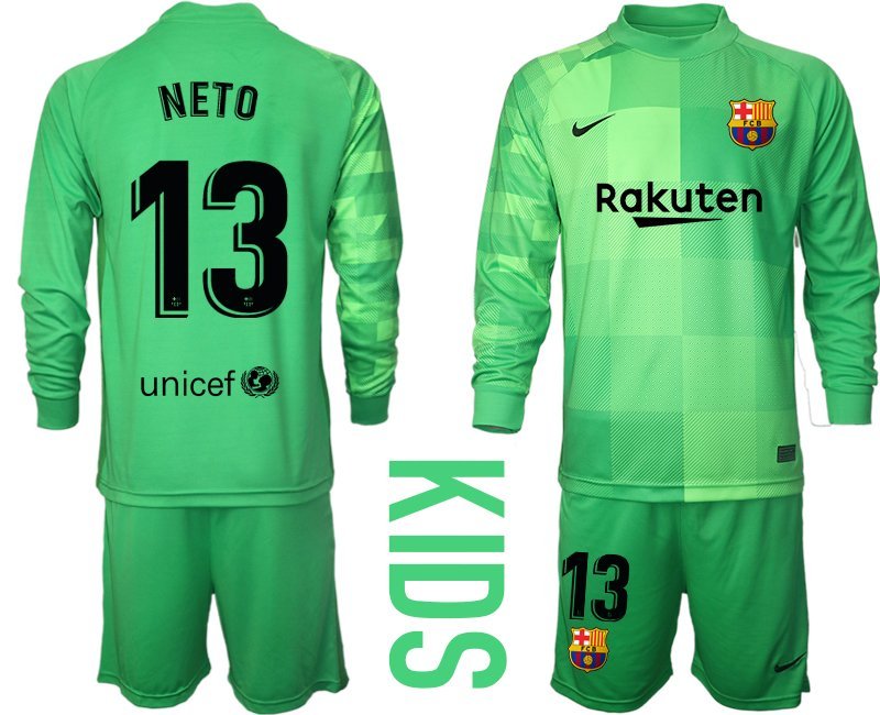 NETO 13 FC Barcelona Torwarttrikot Auswärts 2021-22 Kinder Trikotsatz Langarm Grün